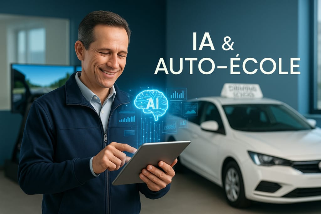 Un moniteur d'auto-école utilisant une tablette avec des graphiques IA pour analyser la conduite d'un élève.