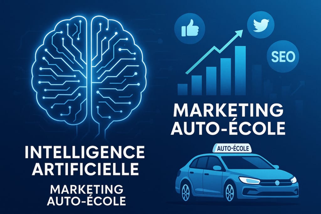 Intelligence artificielle et marketing digital pour auto-écoles avec cerveau numérique et voiture