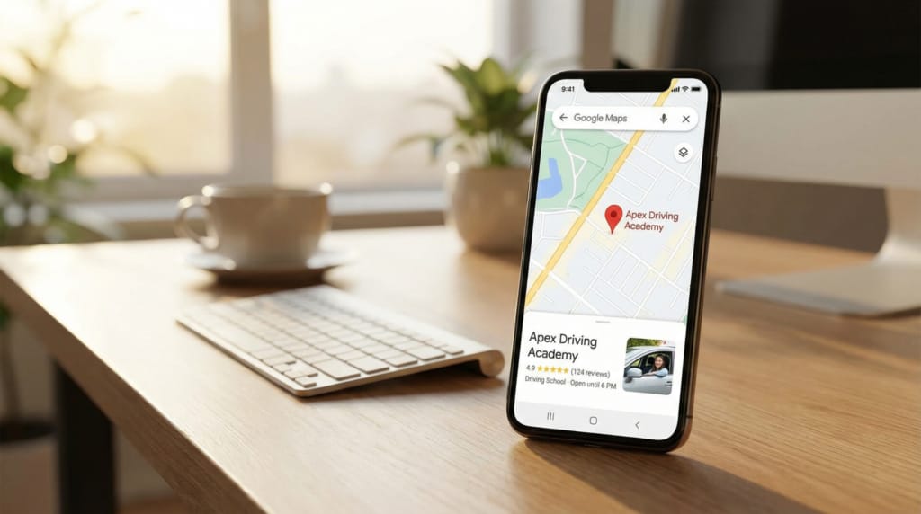 Fiche Google My Business pour auto-école sur smartphone