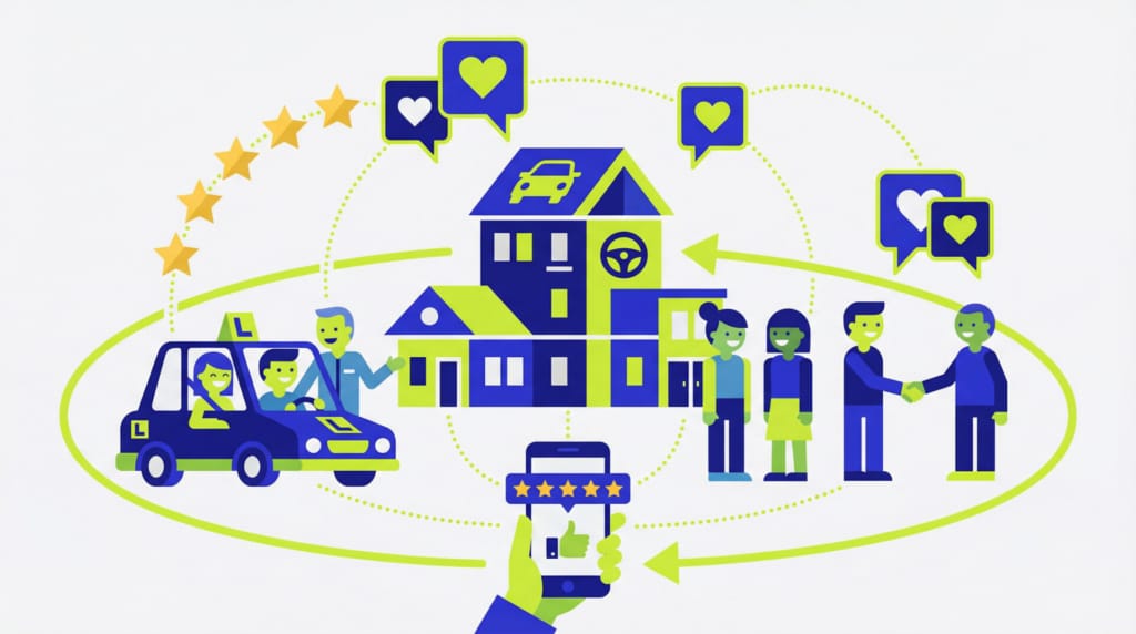 Illustration fidélisation élèves auto-école bouche-à-oreille positif