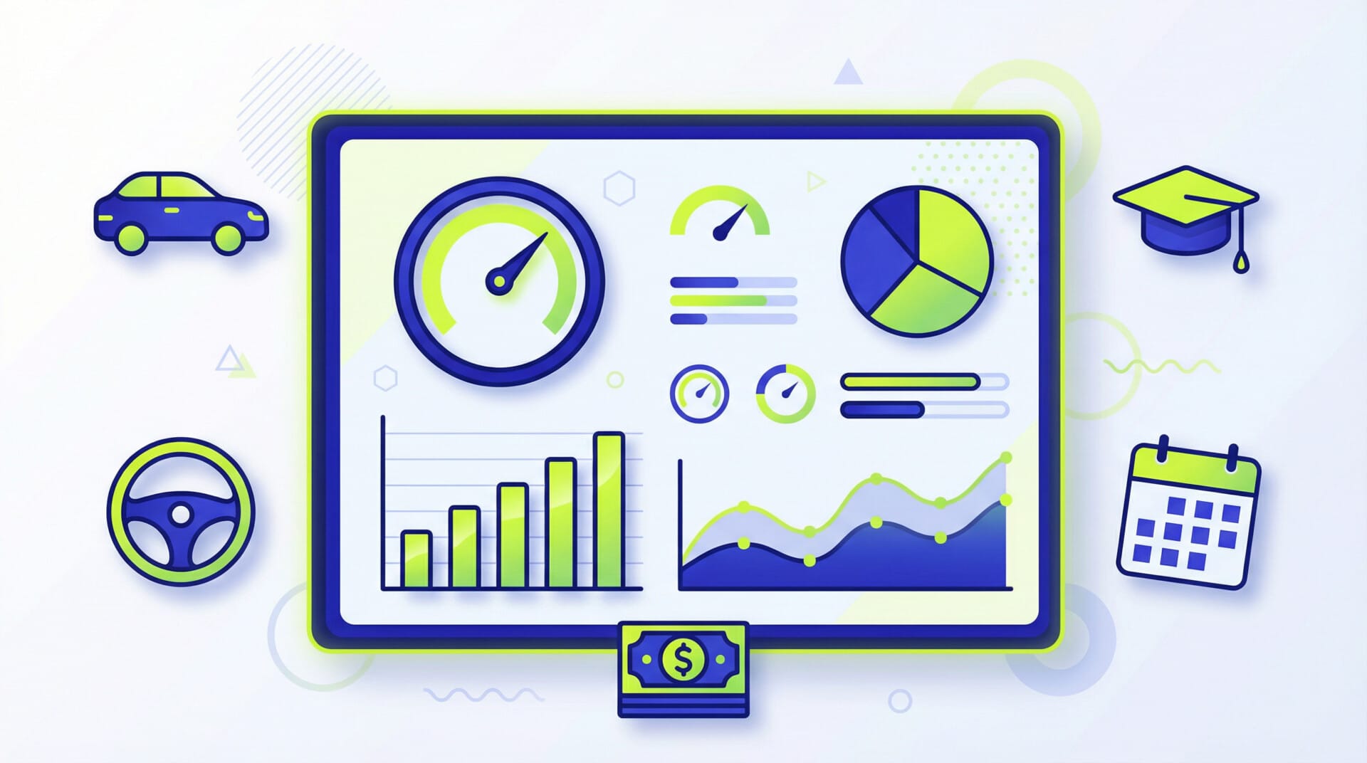 Illustration tableau de bord 7 indicateurs clés de gestion auto-école