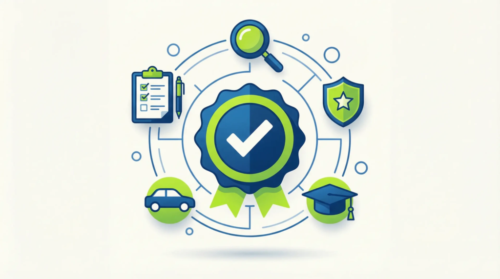 Illustration certification Qualiopi pour auto-école avec symboles qualité et audit