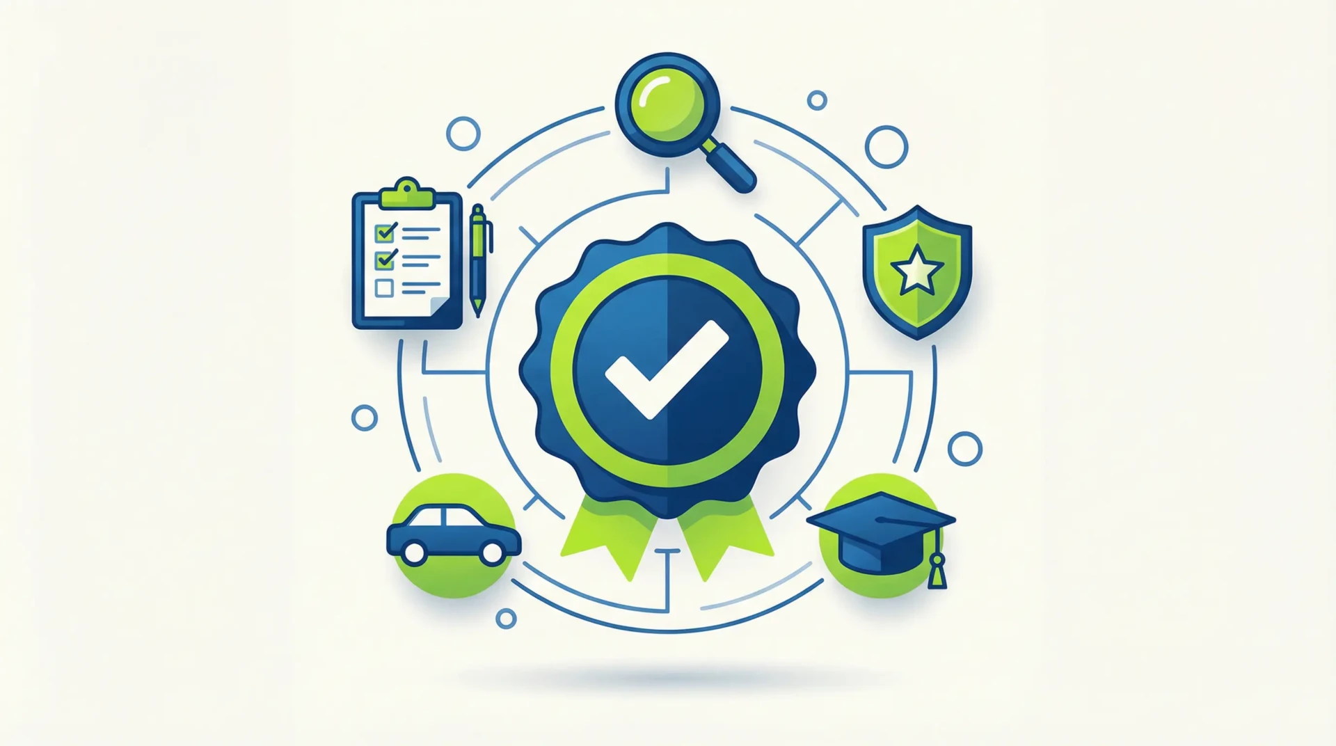 Illustration certification Qualiopi pour auto-école avec symboles qualité et audit