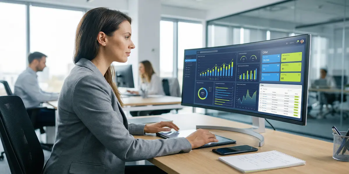 Femme au bureau devant son ordinateur pour la gestion digitale