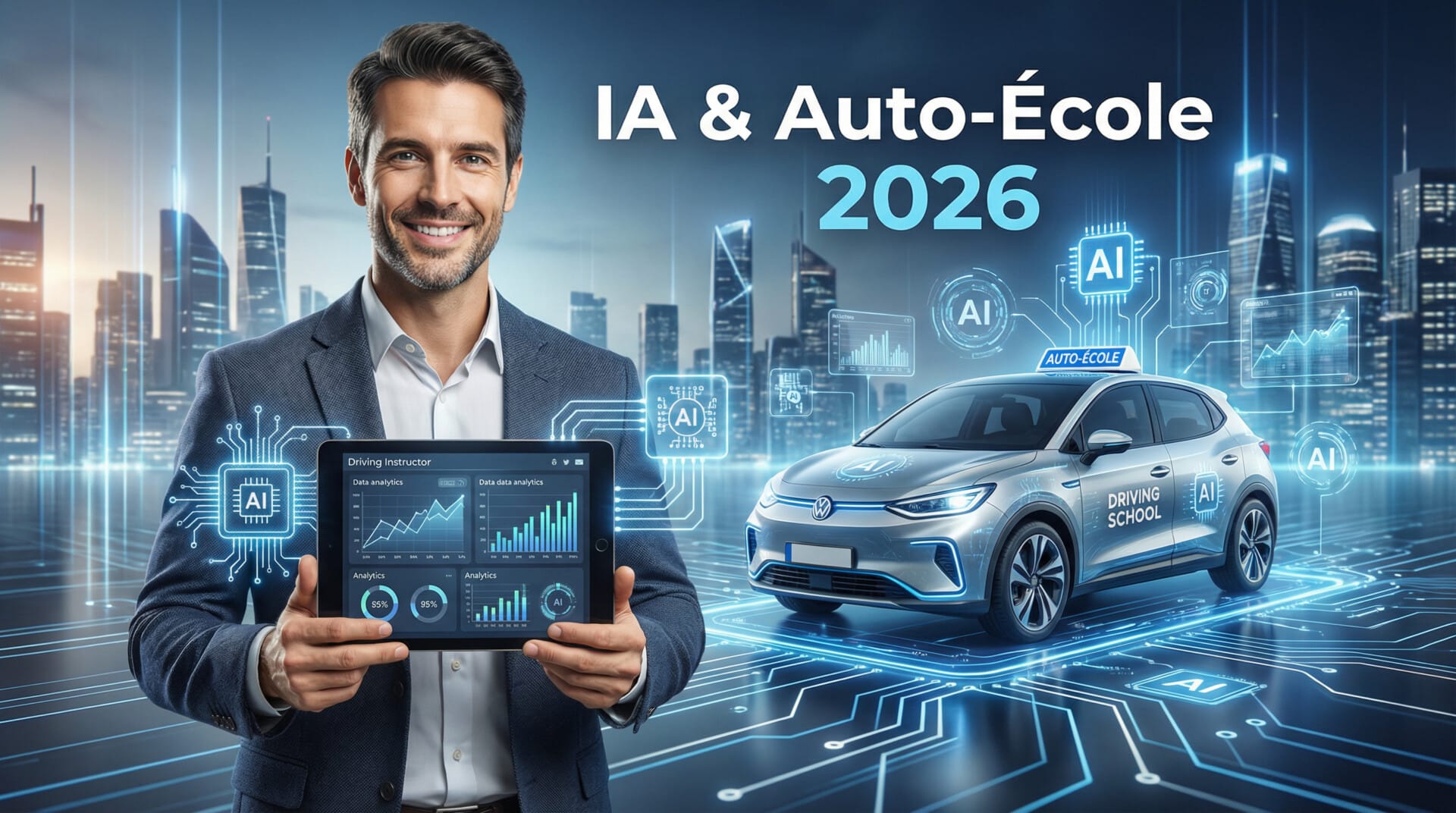 Moniteur auto-école avec une tablette, intelligence artificielle