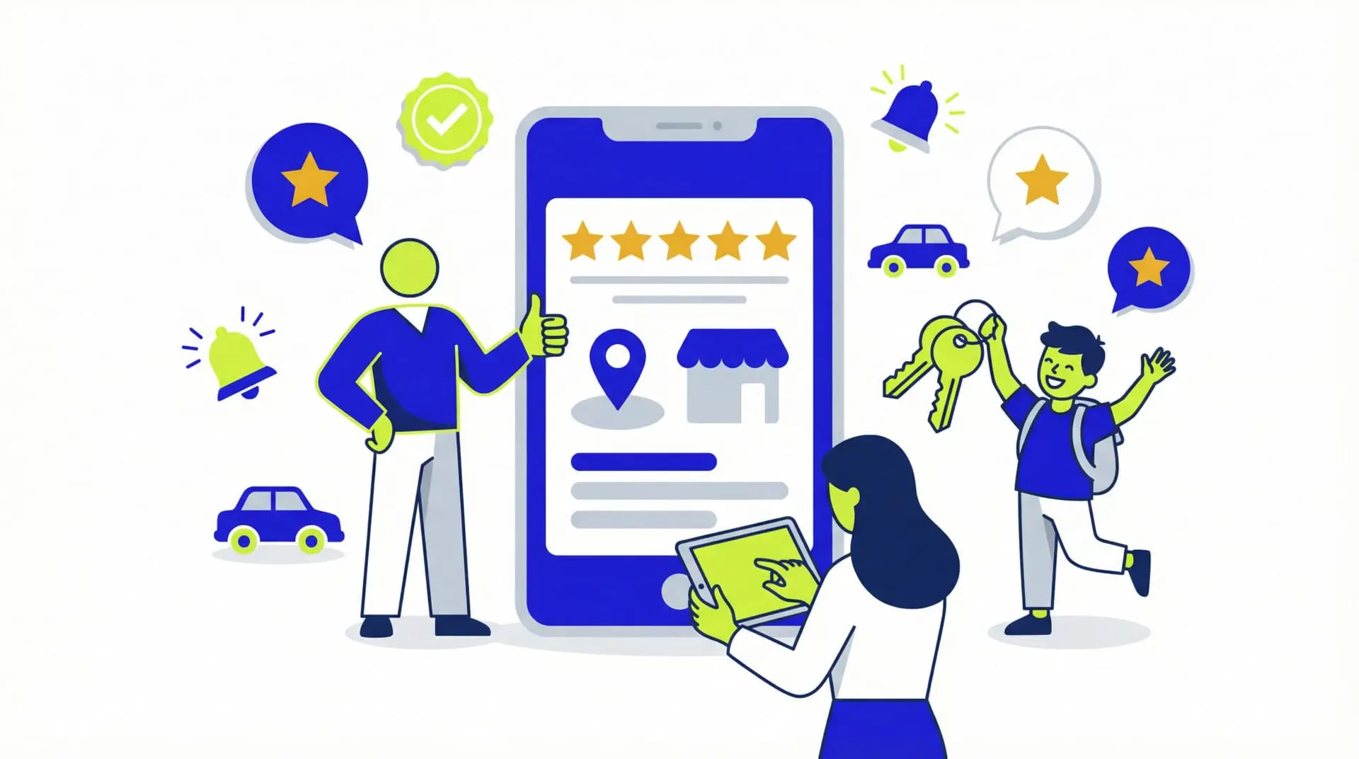 Avis Google auto-école avec étoiles et personnages