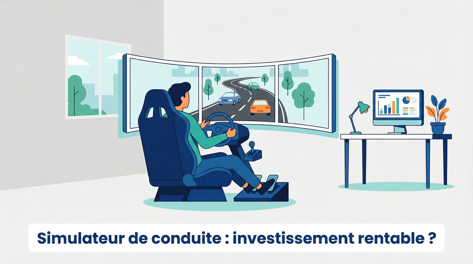 Illustration flat design simulateur conduite auto-école moderne avec écrans panoramiques et volant à retour de force