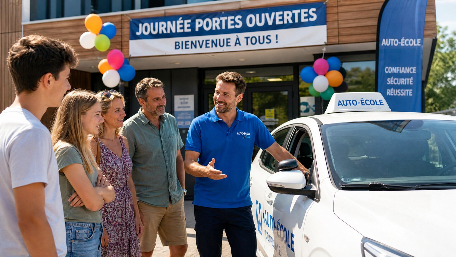 Journées portes ouvertes auto-école : le guide complet pour attirer de nouveaux élèves en 2026 1 Moniteur auto-école présentant le véhicule à double commande lors d'une journée portes ouvertes