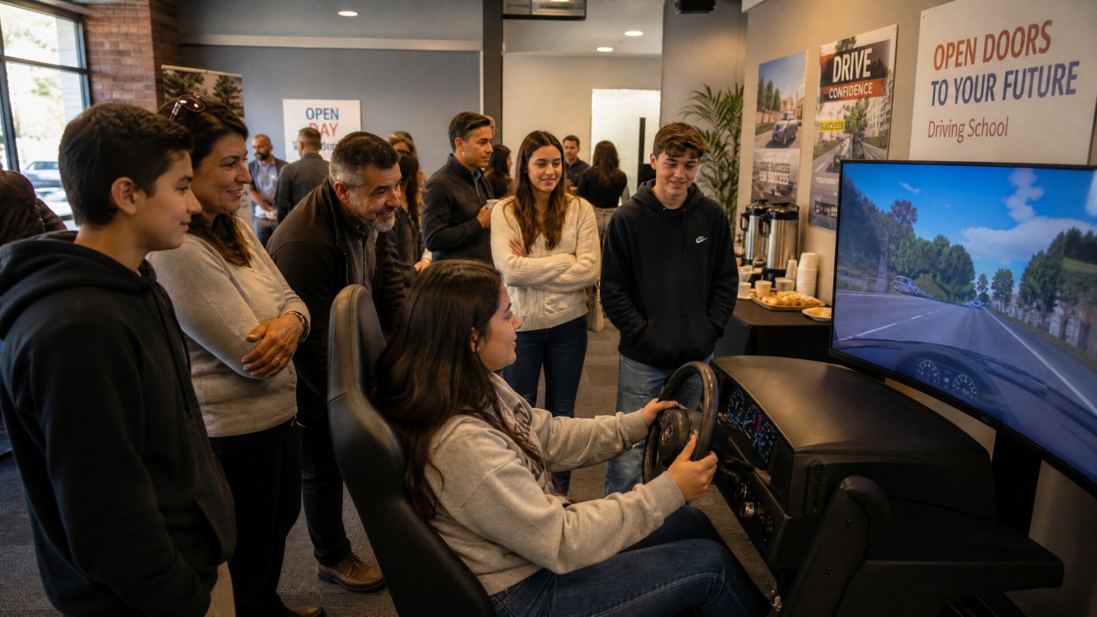 Journées portes ouvertes auto-école : le guide complet pour attirer de nouveaux élèves en 2026 2 Visiteurs essayant le simulateur de conduite lors d'une journée portes ouvertes auto-école