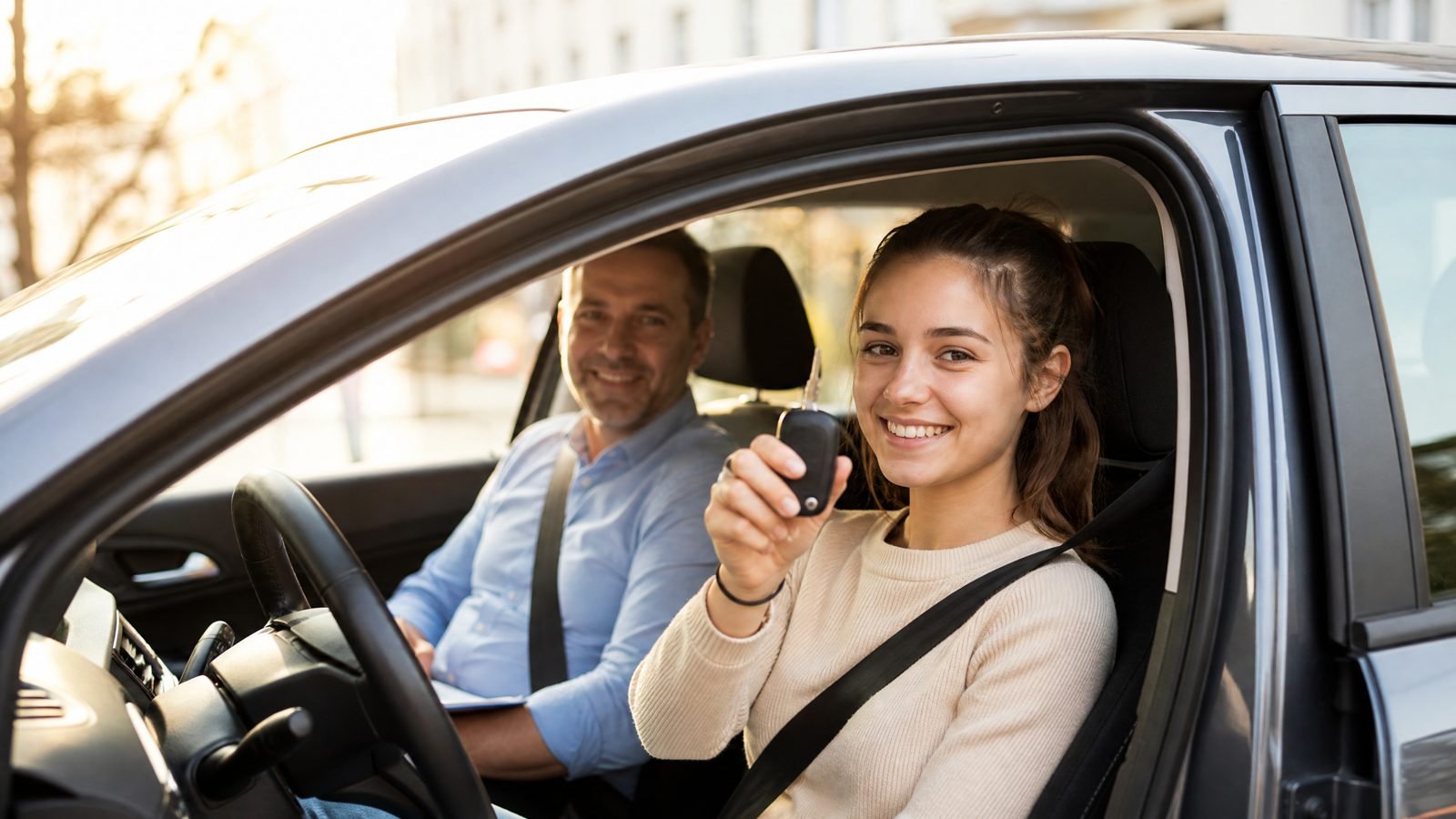 Jeune conductrice souriante en voiture après financement du permis de conduire en auto-école