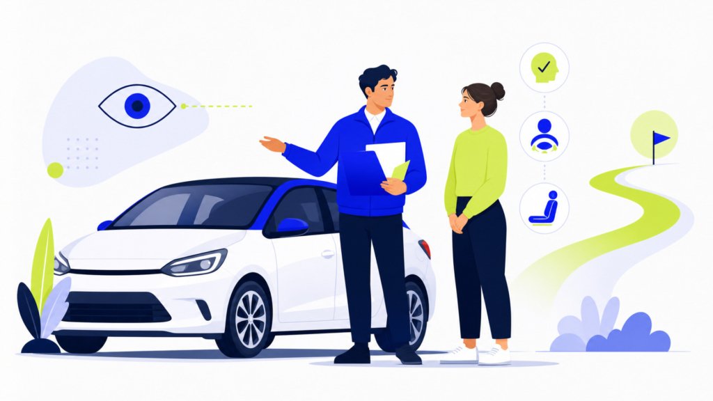 Illustration flat design sur l’évaluation de départ auto-école