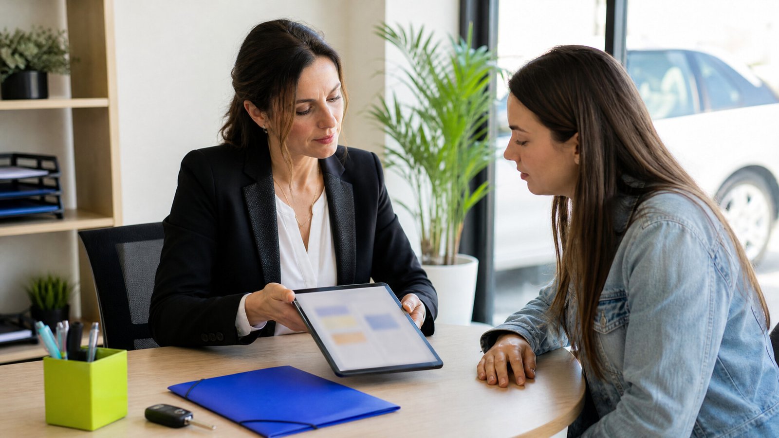 Évaluation de départ auto-école : comment transformer l’obligation en levier de confiance 1 Enseignant présentant le bilan d’une évaluation de départ auto-école à une élève