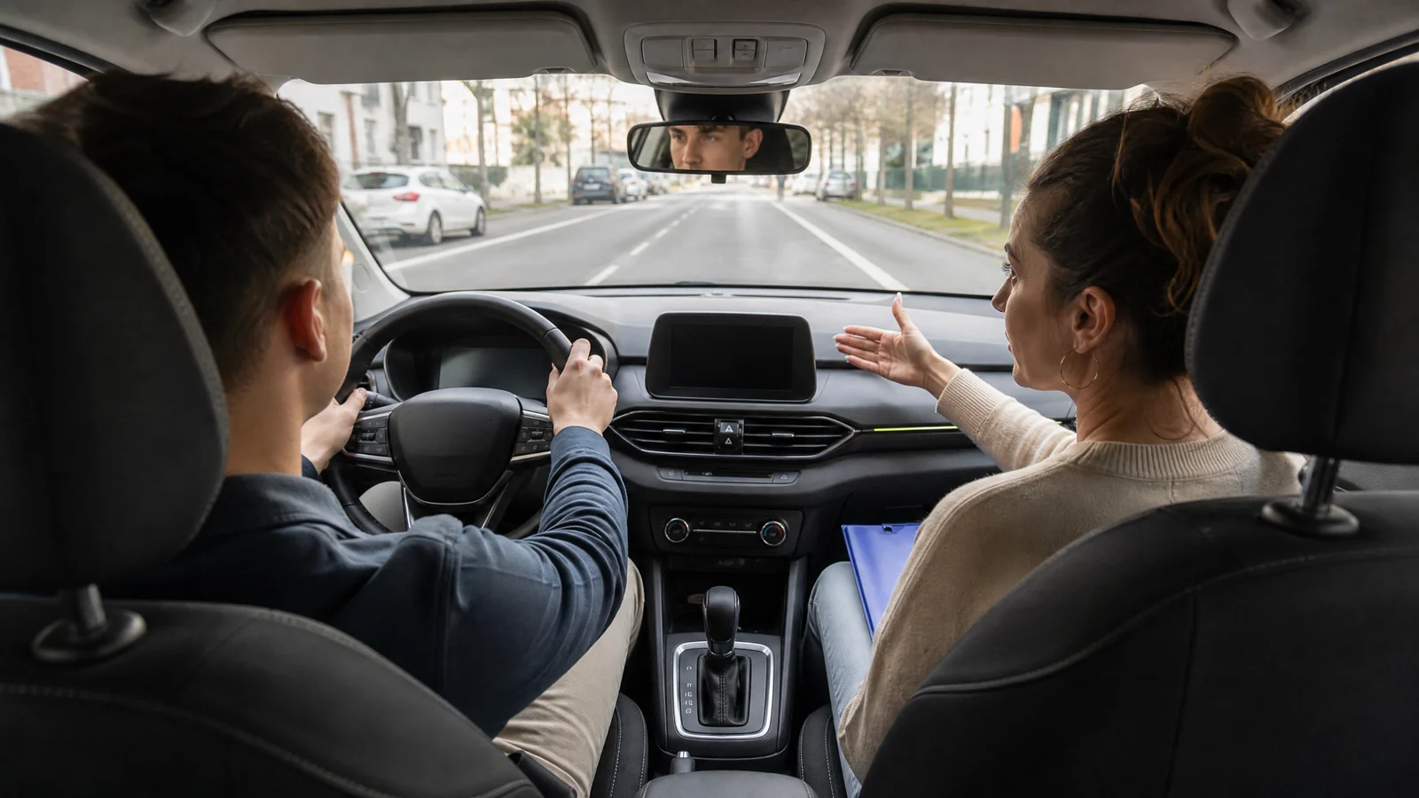 Leçon de permis boîte automatique en auto-école Élève en leçon de permis boîte automatique avec une enseignante de la conduite