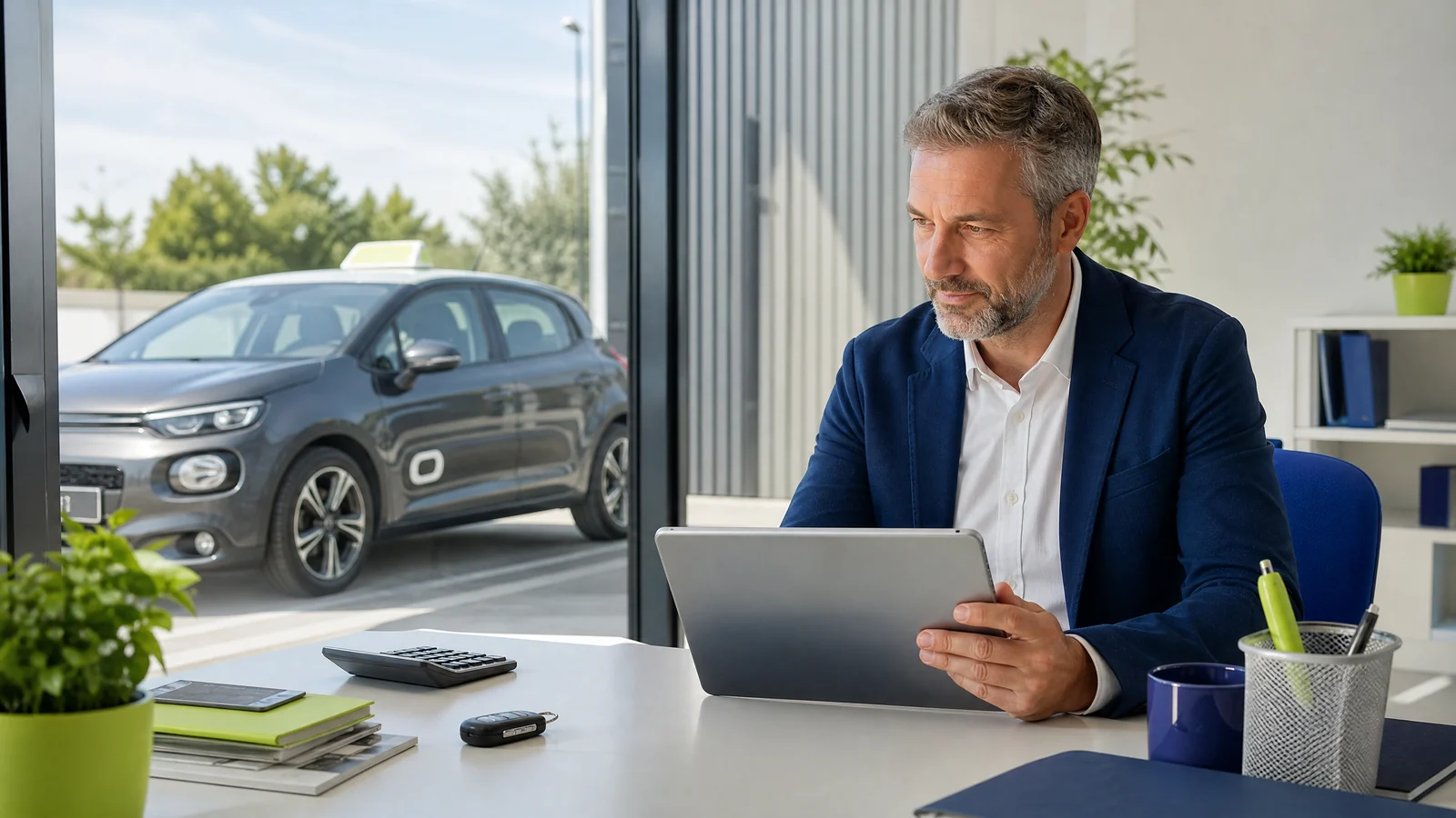 Rentabilité d’une offre B78 en auto-école Gérant d’auto-école analysant la rentabilité d’un véhicule automatique