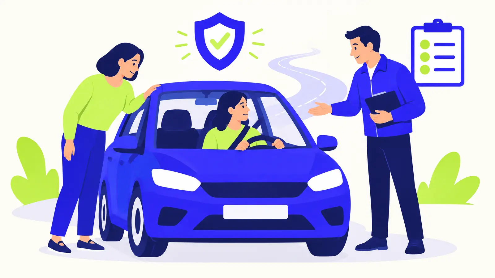 Illustration de la conduite supervisée auto-école avec élève, accompagnatrice et enseignant